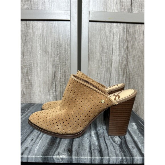 Sam Edelman Suede Leather Heeled Mule Bates Caramel Brown Slide Size 9 - Picture 1 of 8